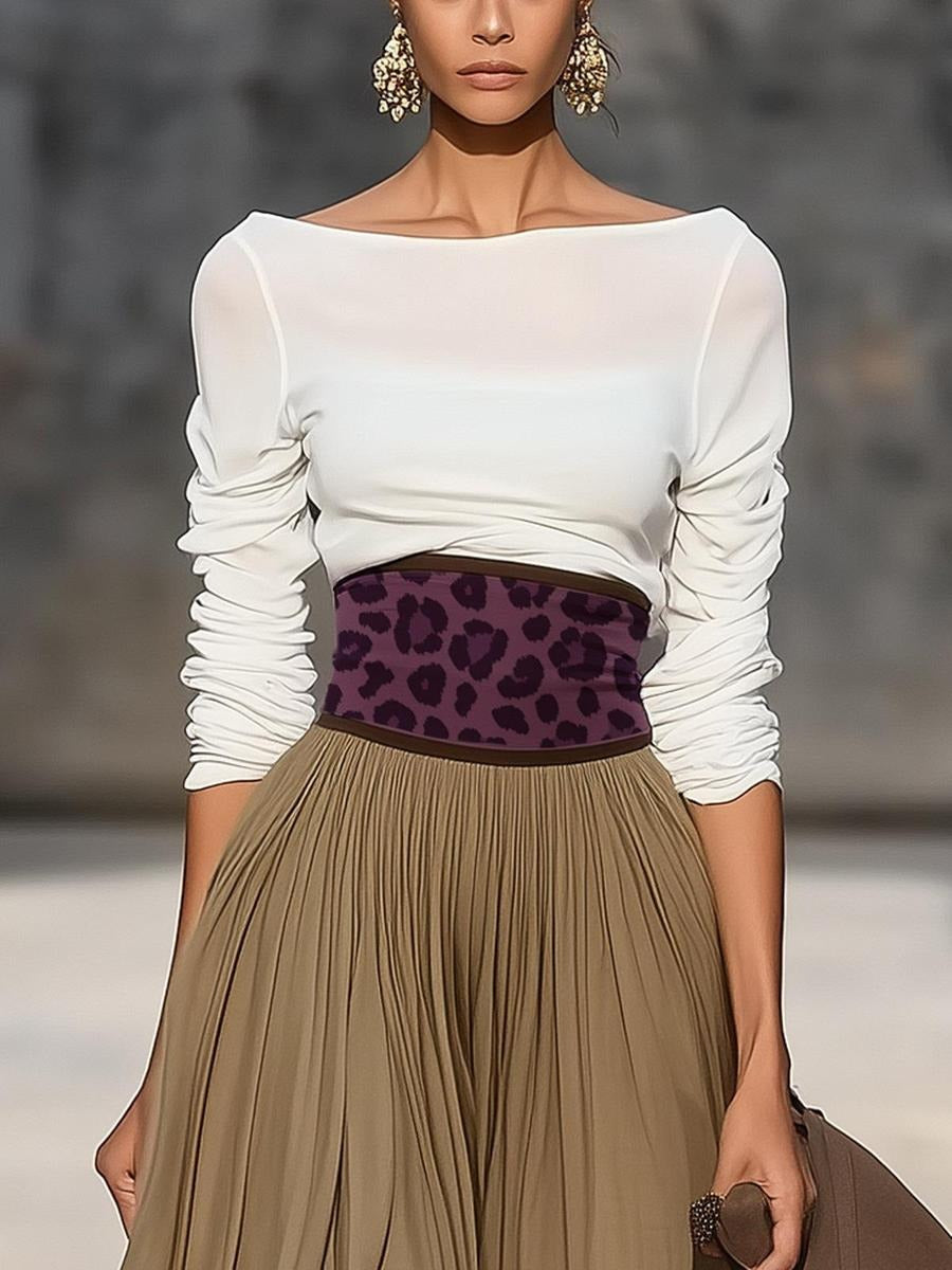 Boat Neck Top & Leopard Print Belted Pleated Maxi Skirt Set - WOOLX