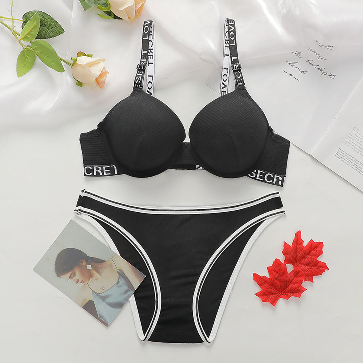 Sexy Lingerie Suit Beautiful Back Push-up Adjustable Letter Shoulder Strap Bra - WOOLX