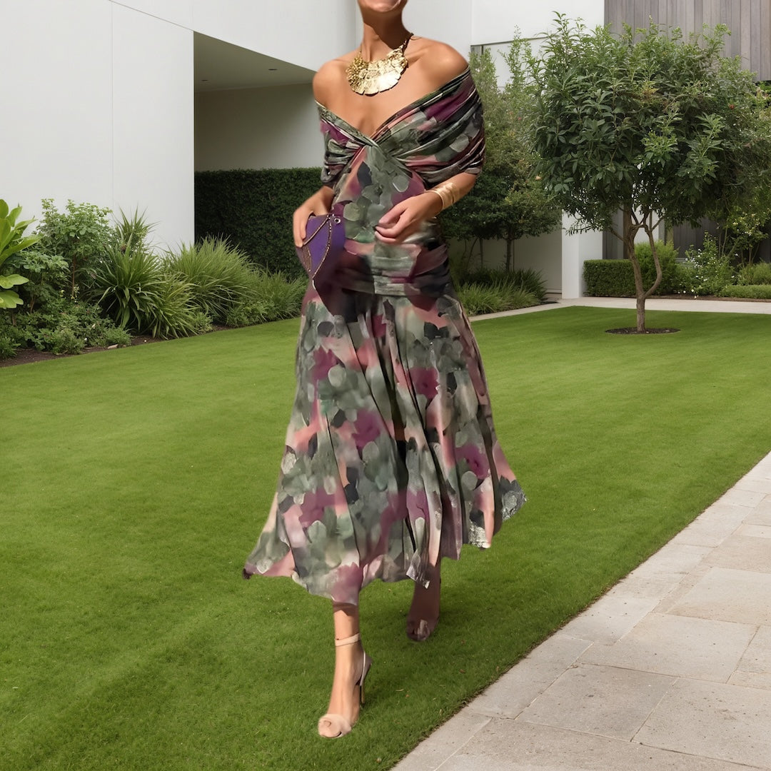 Multicolor Floral Print Off Shoulder Midi Dress