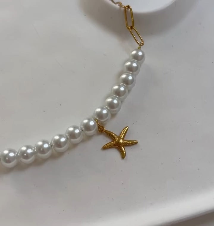 Gold - Link Pearl Starfish Necklace - WOOLX