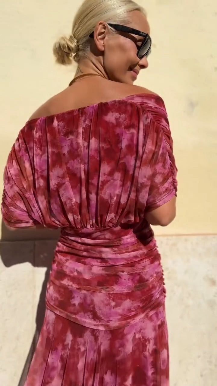 Burgundy Off Shoulder Tie Dye Maxi Dress