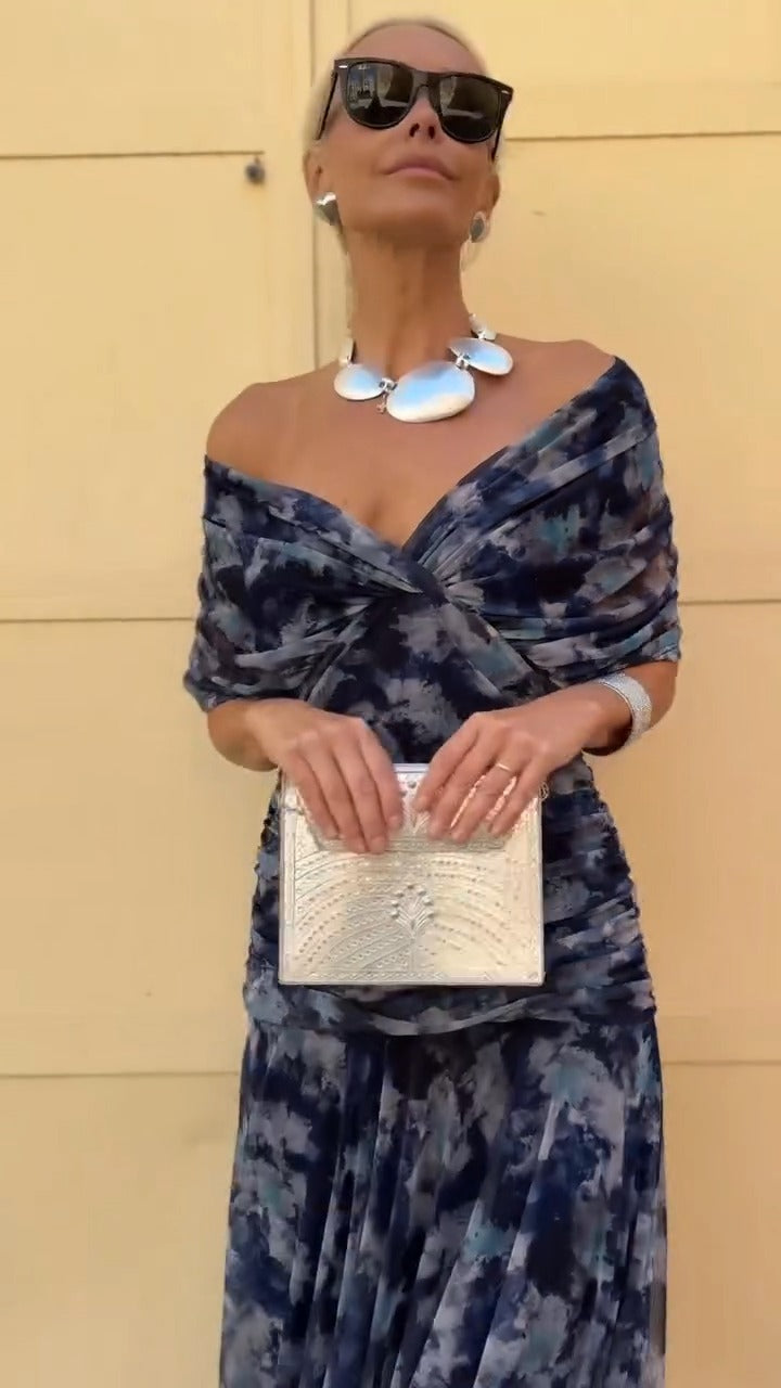 Navy Blue Tie Dye Off Shoulder Maxi Dress