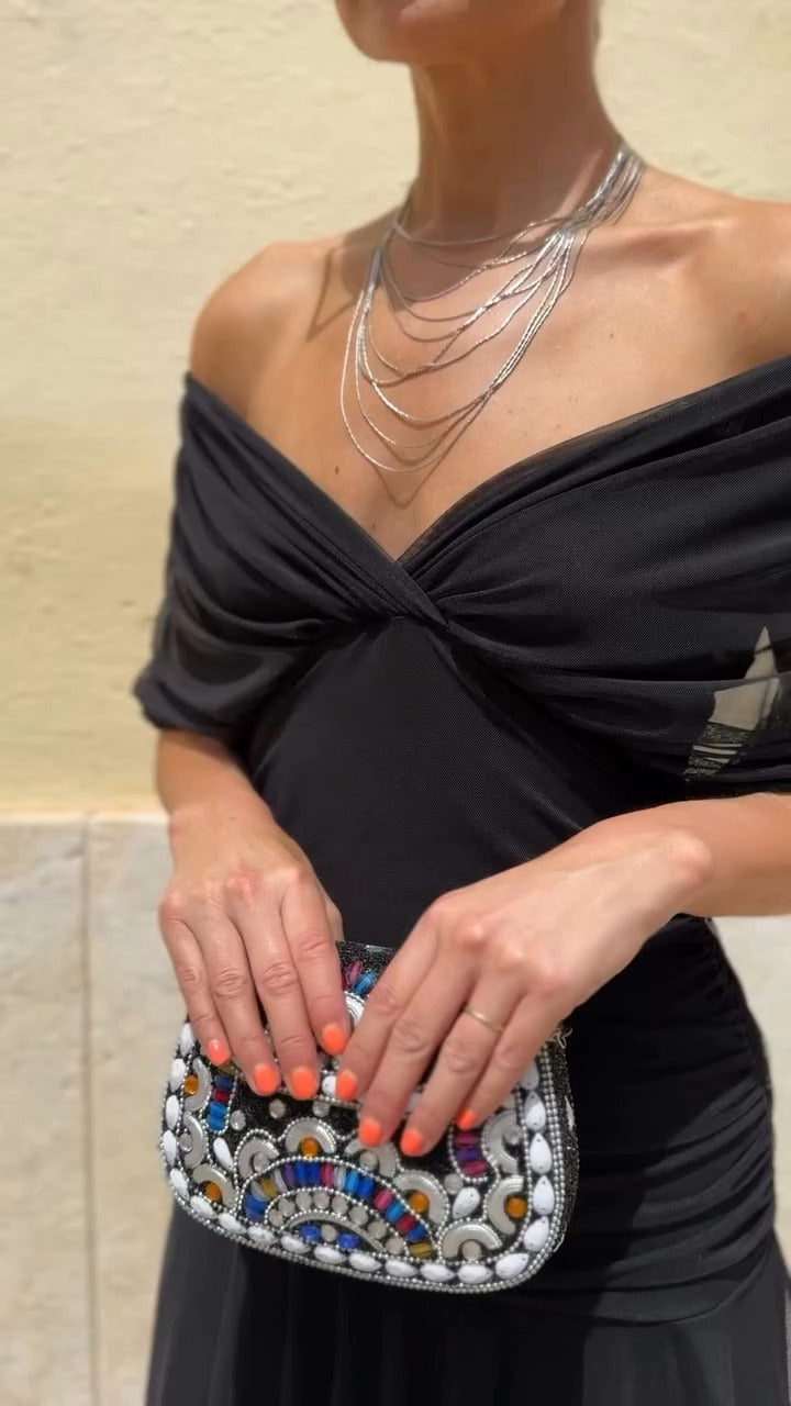 Black Off-Shoulder Chiffon Midi Dress