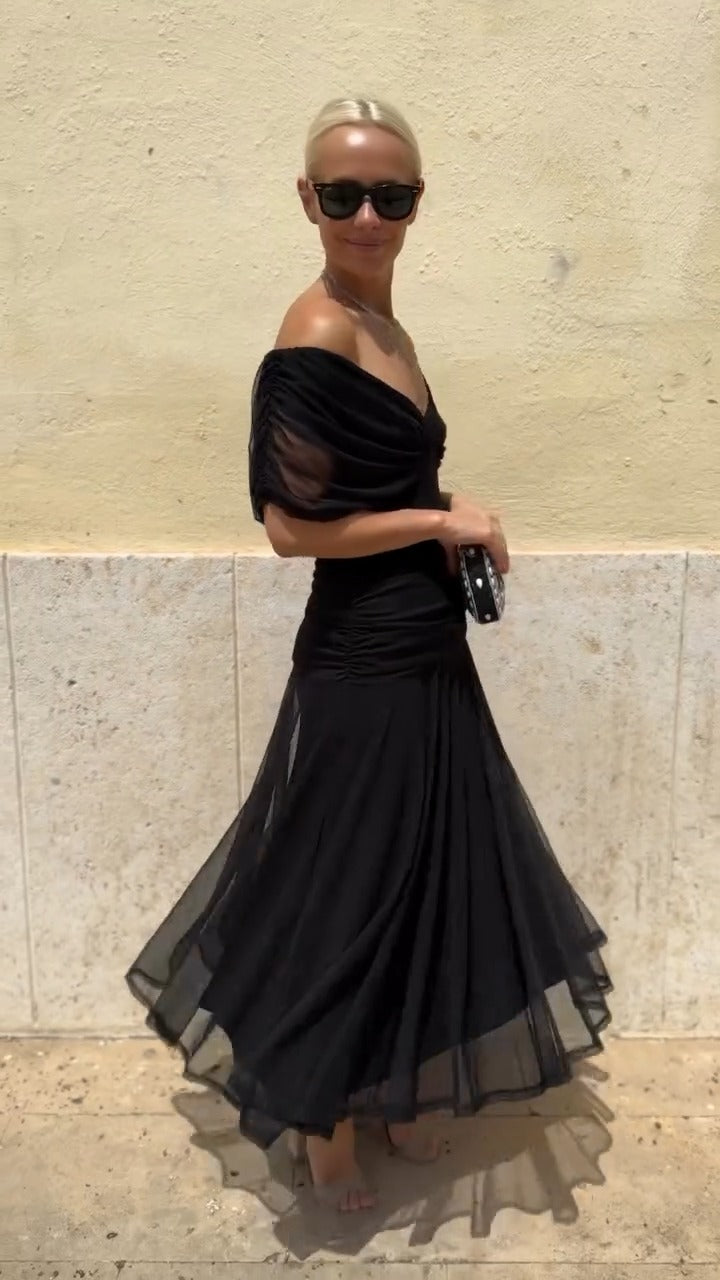 Black Off-Shoulder Chiffon Midi Dress