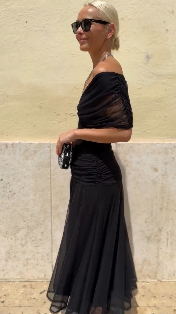 Black Off-Shoulder Chiffon Midi Dress