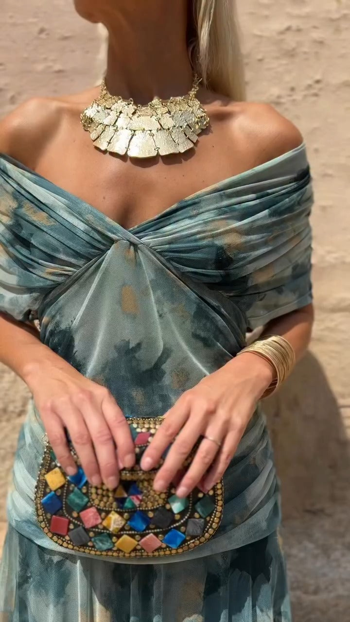 Teal Tie Dye Off Shoulder Maxi Dress