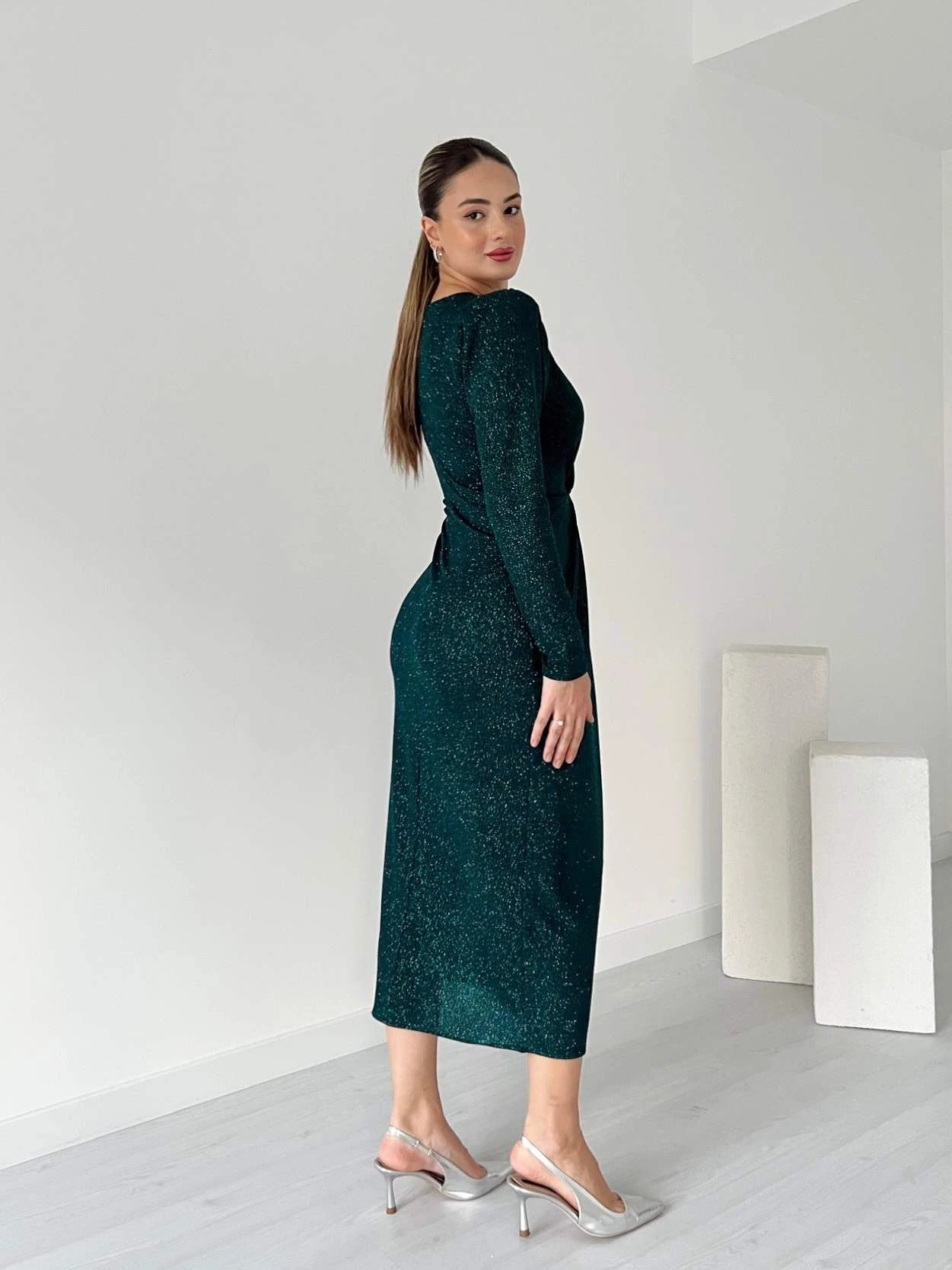 Black Glitter Twist-Front Slit Midi Dress