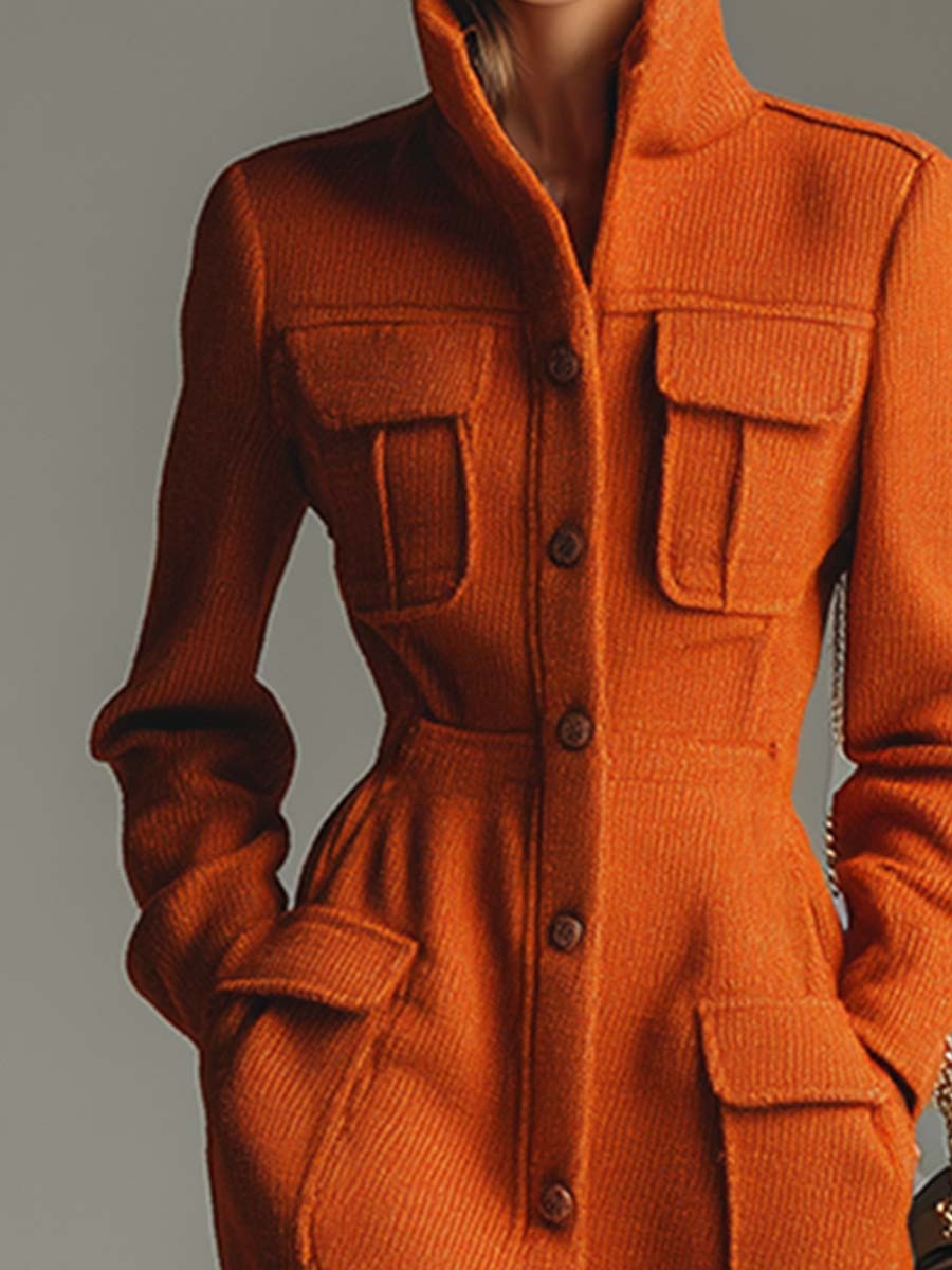 Elegant Urban Lapneck Orange Pocket Mid-length Coat