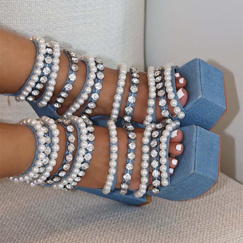 Denim Pearls Thick Heeled Sandals - WOOLX
