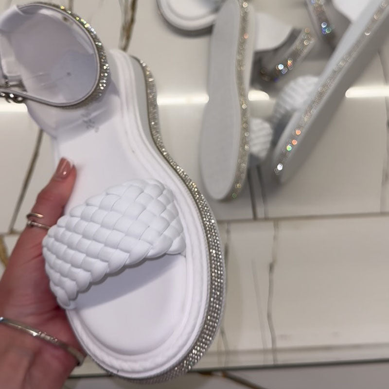 Rhinestone Sparkle Woven Flat Sandals - WOOLX