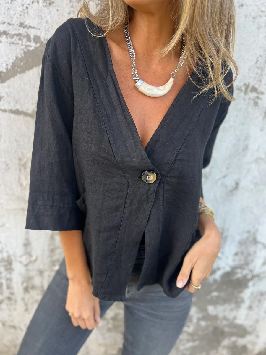 Loose Button Up V Neck Top - WOOLX