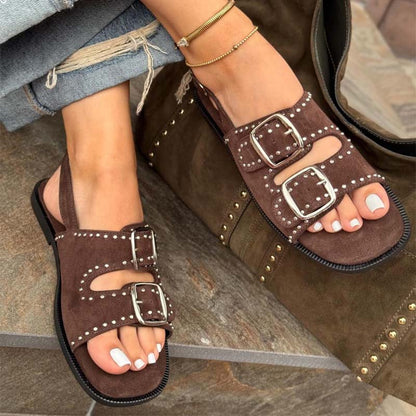 Studded Double Buckle Flat Sandals - WOOLX