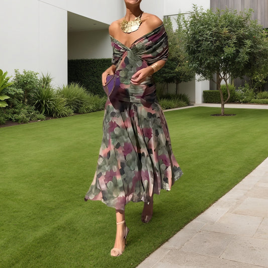 Multicolor Floral Print Off Shoulder Midi Dress
