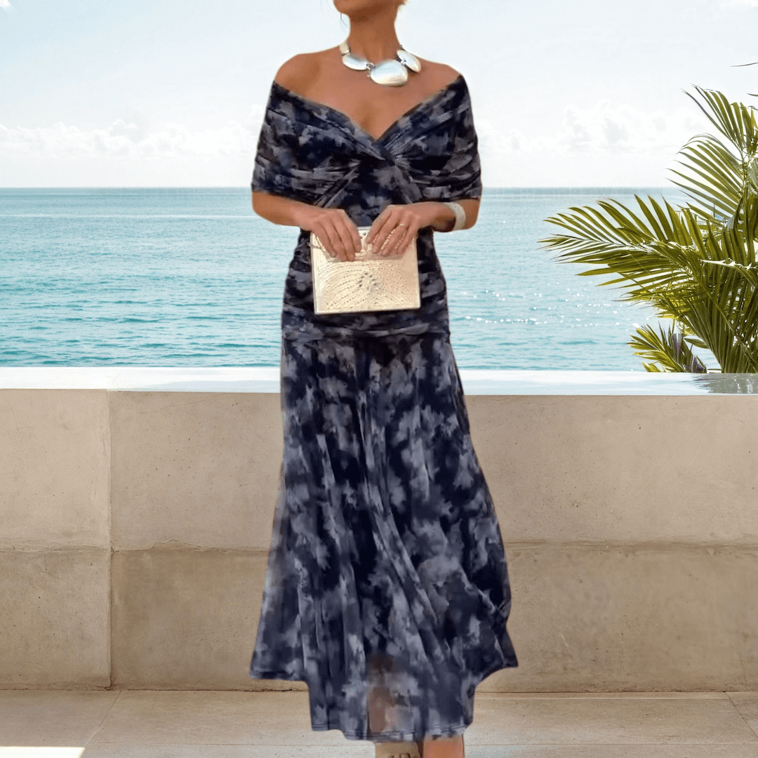 Navy Blue Tie Dye Off Shoulder Maxi Dress