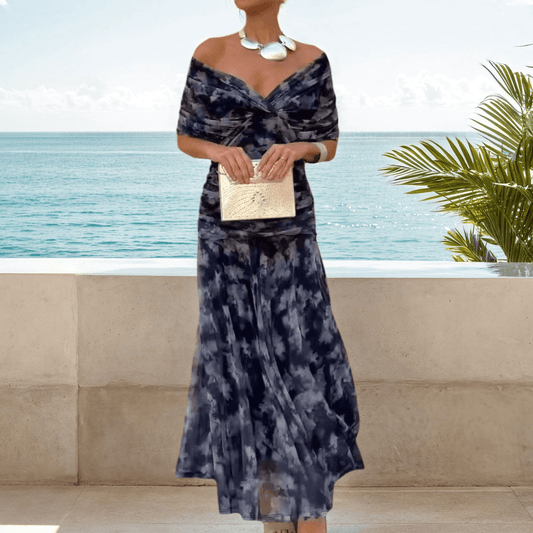 Navy Blue Tie Dye Off Shoulder Maxi Dress