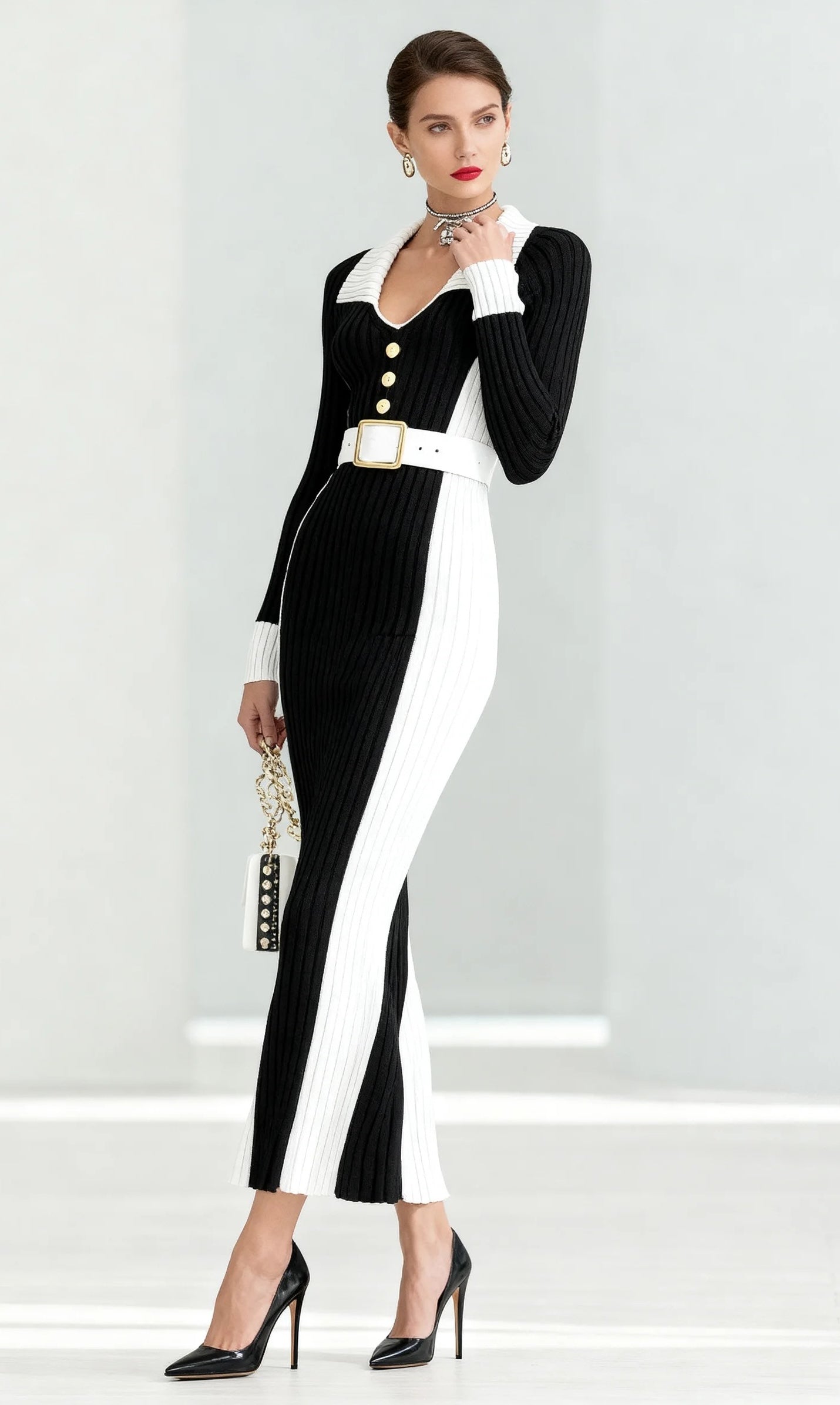 Black And White Color Block Maxi Sweater Dress