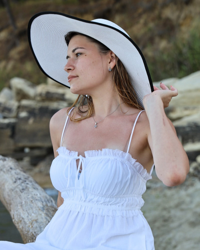 White Wide - Brim Sun Hat With Black Trim - WOOLX