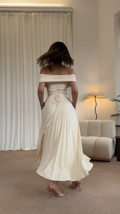 Off - Shoulder Cream Maxi Dress - WOOLX