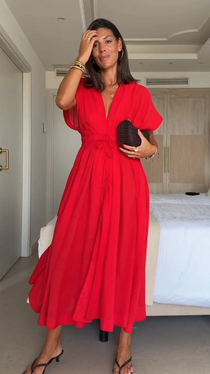 Dazzling Red V - Neck Maxi Dress - WOOLX