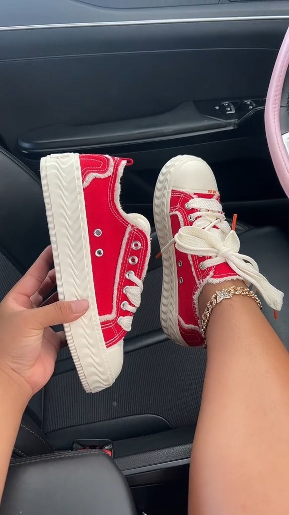 Trendy Red Canvas Low-Top Sneakers With Frayed Details - WOOLX