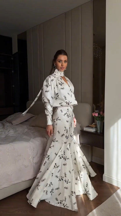 Elegant White Floral Print High Neck Maxi Dress - WOOLX