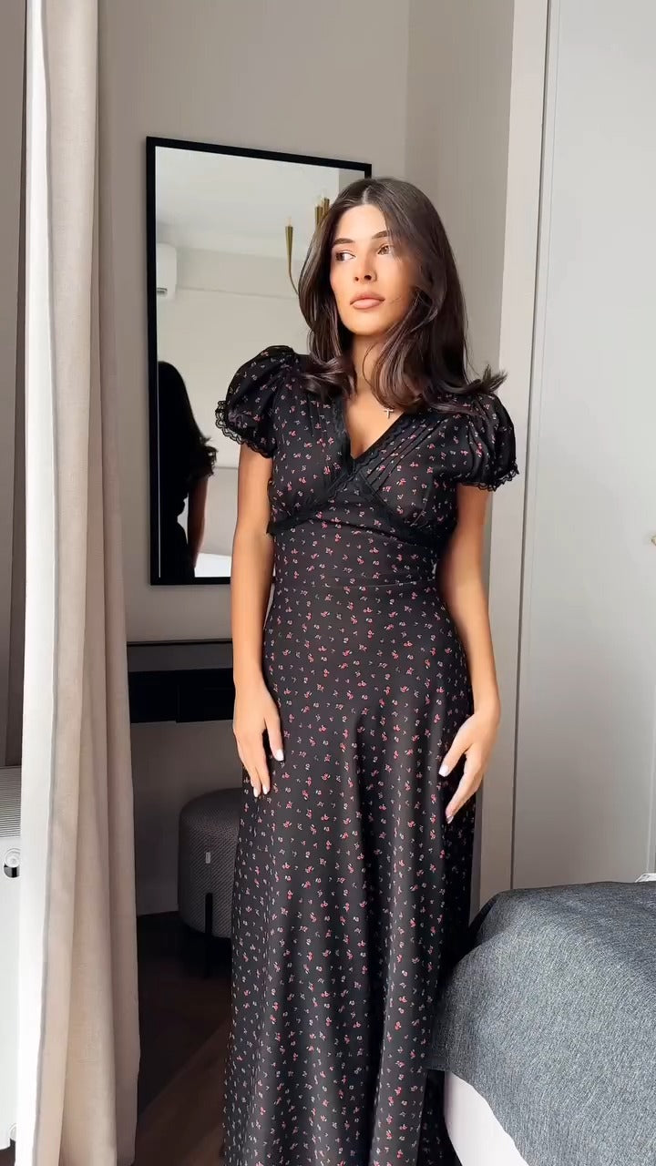 Delicate Floral Print V - Neck Maxi Dress - WOOLX