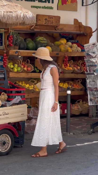 Chic White Eyelet Crop Top And Midi Skirt Set - WOOLX