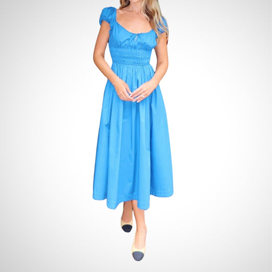 Sweetheart Neckline Puff Sleeve Midi Dress In Blue - WOOLX