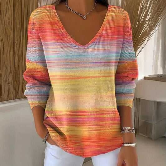 Rainbow Striped V Neck Long Sleeve Knit Top - WOOLX