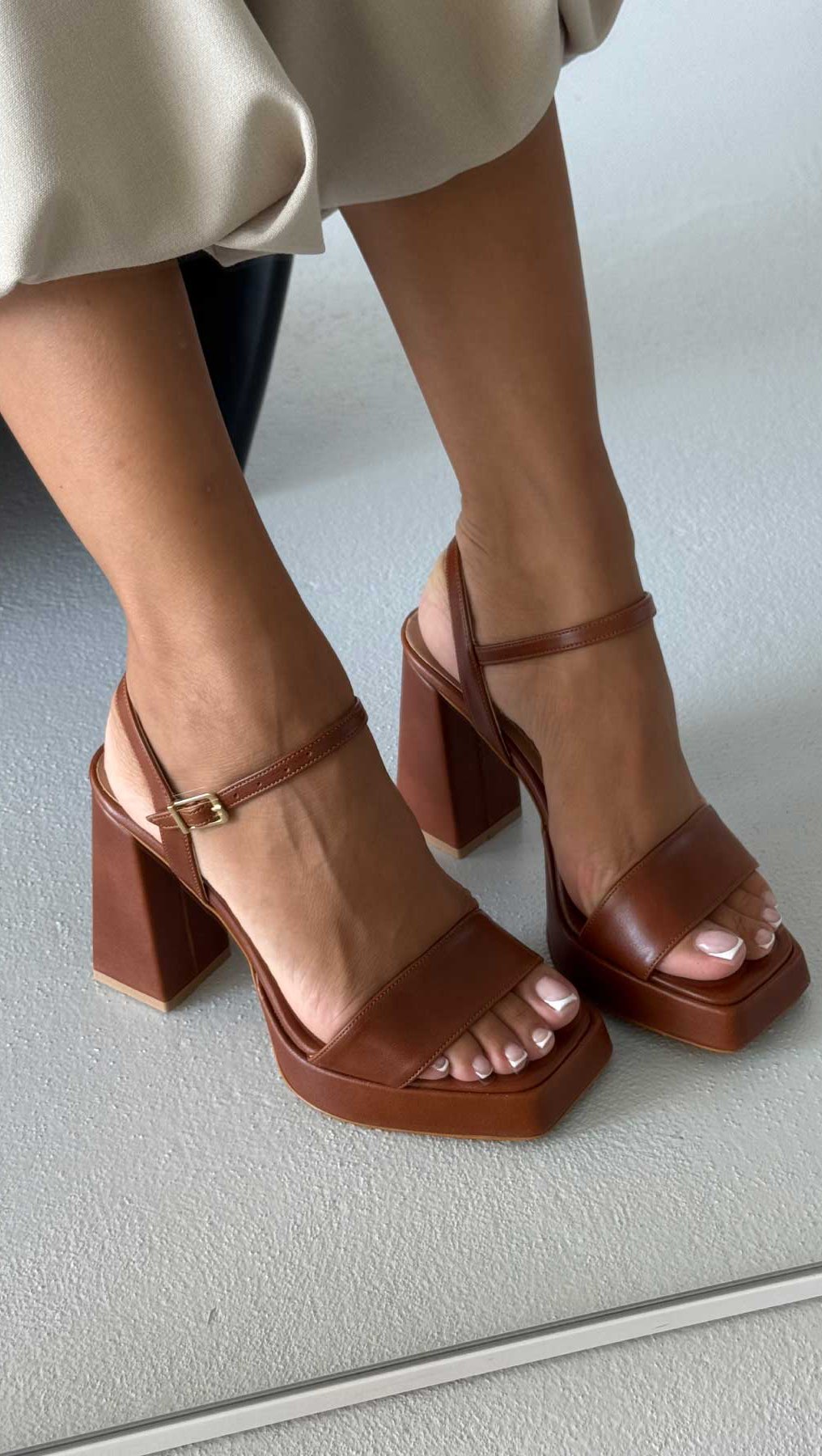 Brown Leather Platform Block - Heel Sandals - WOOLX