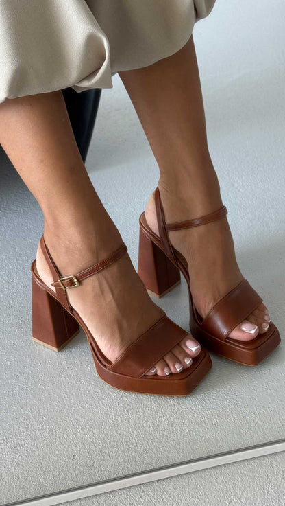 Brown Leather Platform Block - Heel Sandals - WOOLX