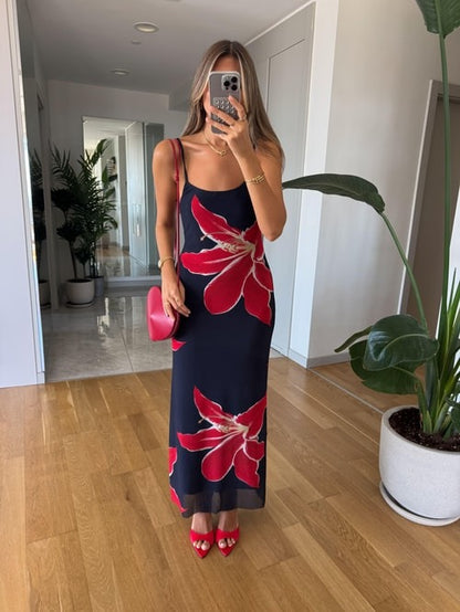 Navy Blue Floral Print Maxi Sundress - WOOLX