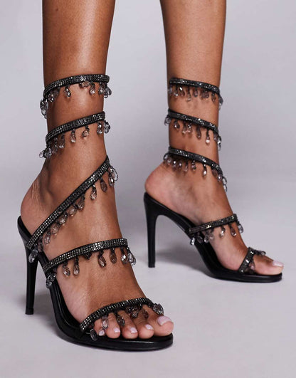 Black Rhinestone And Crystal Embellished Wrap Around High Heel Sandals - WOOLX