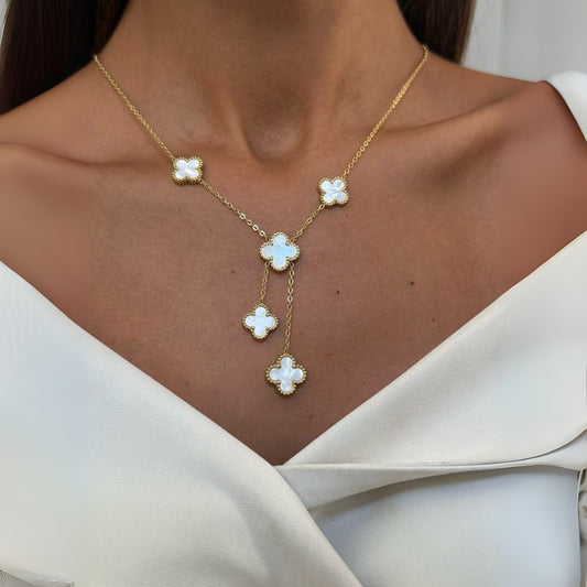 Gold/Sliver Toned Chain White Mother Of Pearl Four Leaf Clover Lariat Necklace - WOOLX