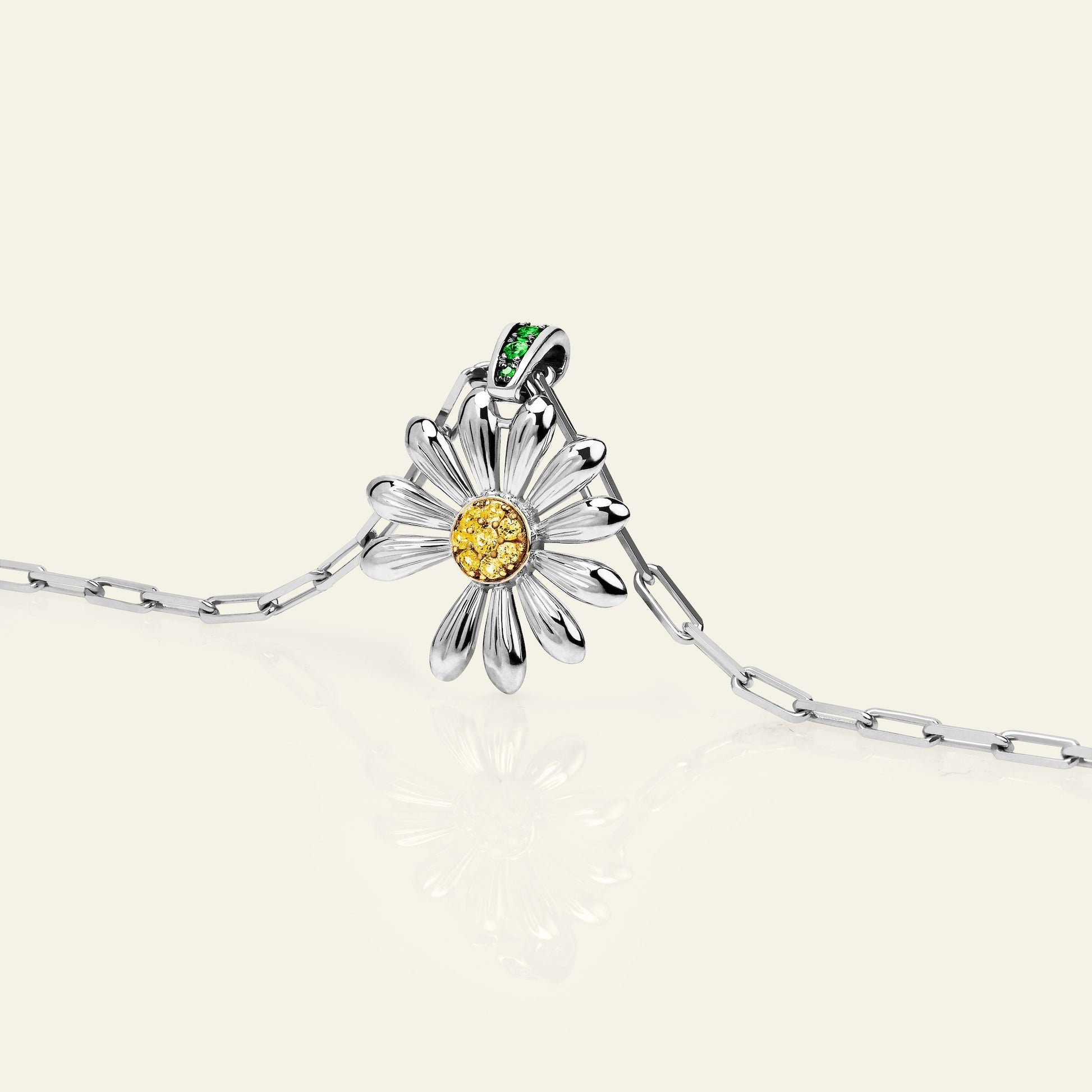 Silver Daisy Pendant Necklace With Colored Gemstones - WOOLX