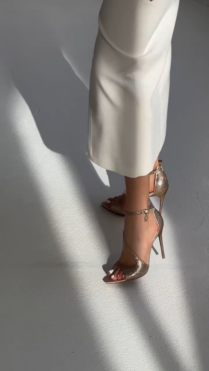 Metallic Gold Snake Print Ankle Strap High Heels - WOOLX