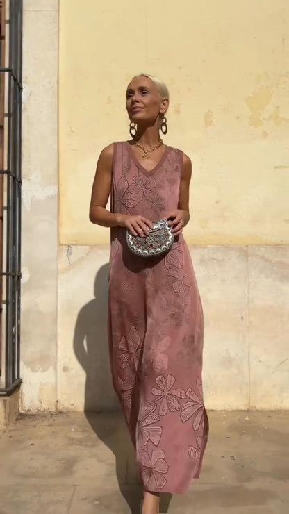 Rose - Pink Embroidered Sleeveless Maxi Dress - WOOLX