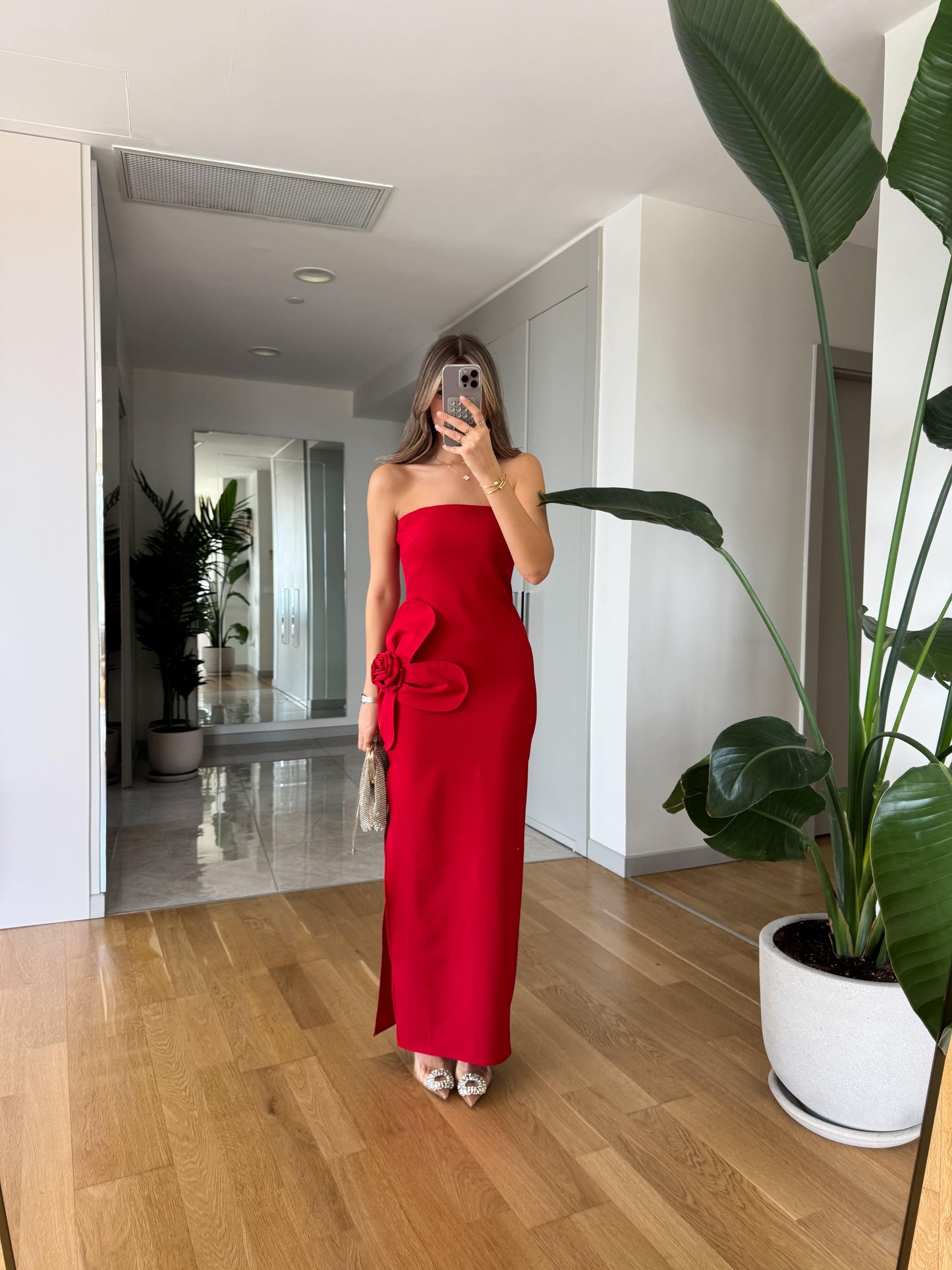 Scarlet Red Strapless Maxi Dress With Decorative Flower Accent - WOOLX