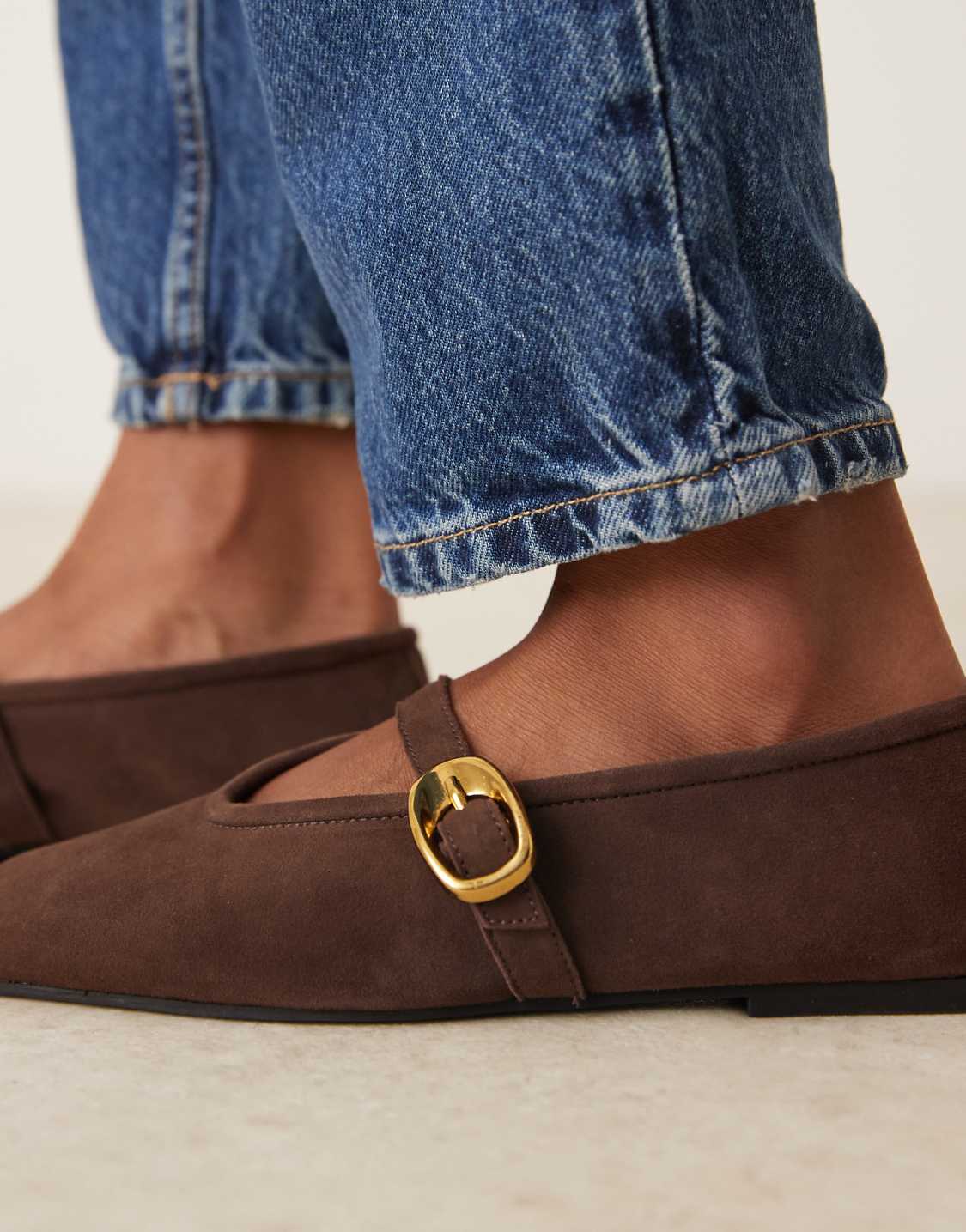 Dark Brown Suede Golden Buckle Slip On Loafers - WOOLX