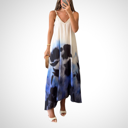 White And Blue Tie Dye Spaghetti Strap Asymmetric Maxi Dress - WOOLX