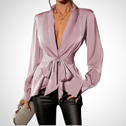 Lavender Satin Deep V Tie Front Blouse - WOOLX