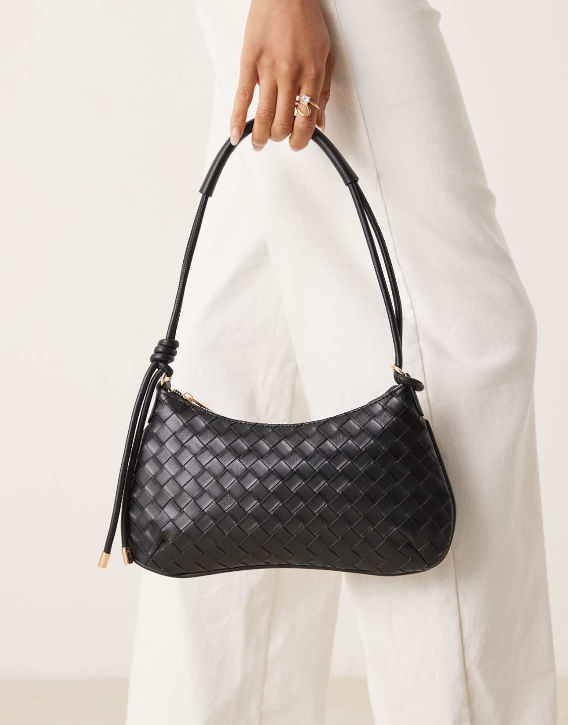 Black Woven Leather Hobo Shoulder Bag With Knotted Detail Shoulder Strap - WOOLX