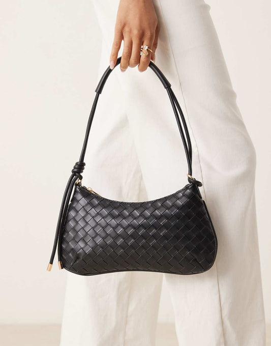 Black Woven Leather Hobo Shoulder Bag With Knotted Detail Shoulder Strap - WOOLX