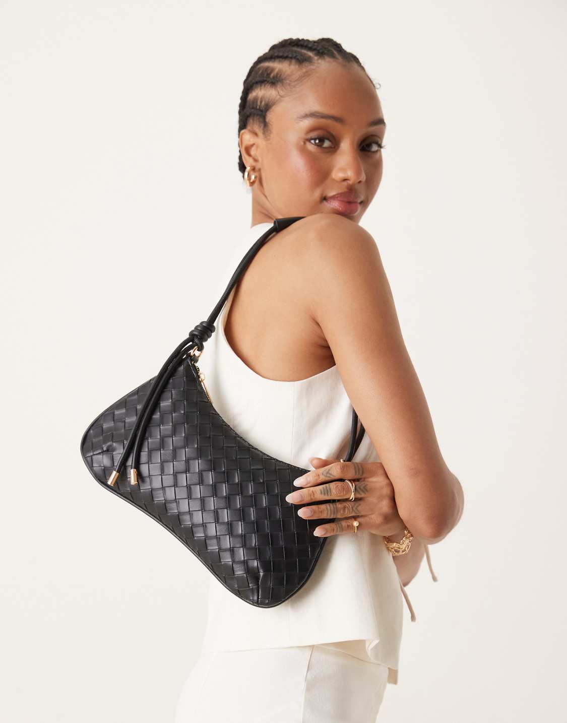 Black Woven Leather Hobo Shoulder Bag With Knotted Detail Shoulder Strap - WOOLX