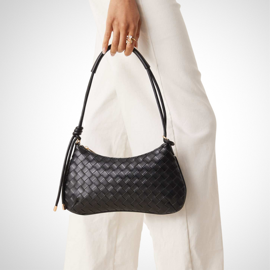 Black Woven Leather Hobo Shoulder Bag With Knotted Detail Shoulder Strap - WOOLX