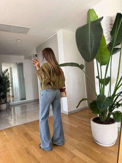 Olive Green Cotton Twill Utility Jacket & Light Blue Flared Denim Jeans Set - WOOLX