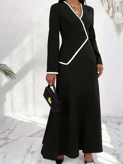 Black Long Sleeve Wrap Style Maxi Dress With White Trim - WOOLX