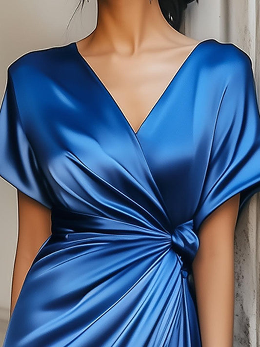 Unique V-Neck Plain Short Sleeve Midi Dress