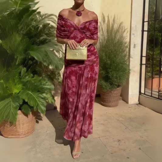 Burgundy Off Shoulder Tie Dye Maxi Dress