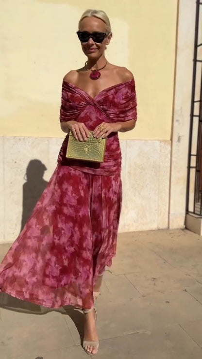 Burgundy Off Shoulder Tie Dye Maxi Dress